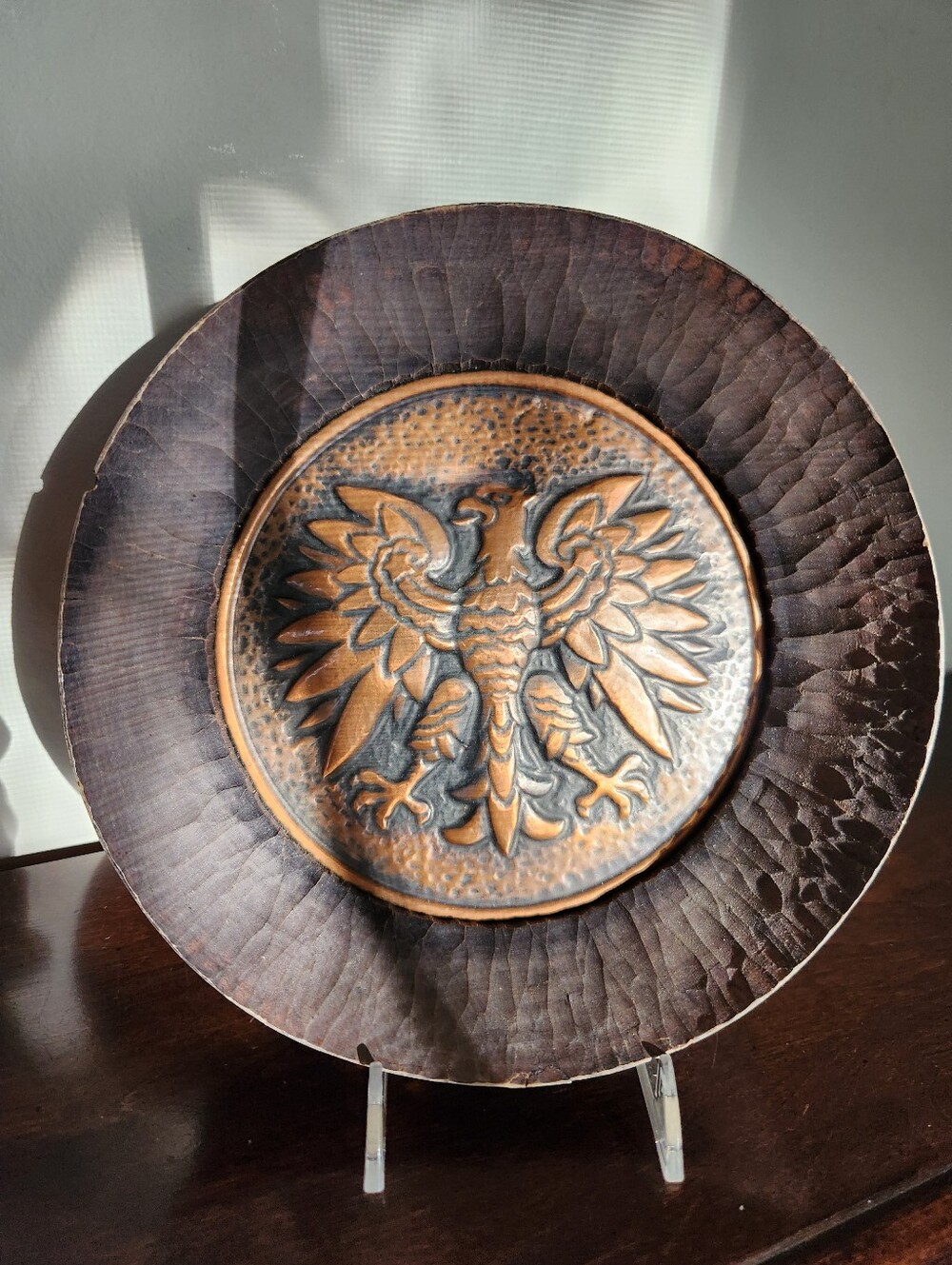 Vintage Polish Hand-Carved Copper And Wood Hanging Falcon Plaque